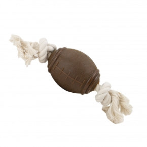 Ancol Tough ropey rugby tugger, oval coffee-grounds rubber ball on a rope for an uneven bounce