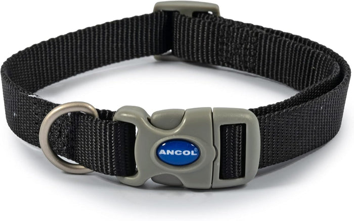 Ancol Viva adjustable dog collar in black, poly-weave webbing with quick-release buckle and slider
