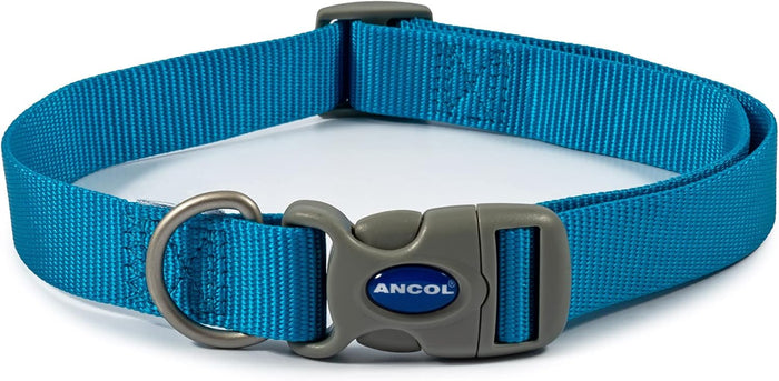 Ancol Viva adjustable dog collar in blue, poly-weave webbing with quick-release buckle and slider