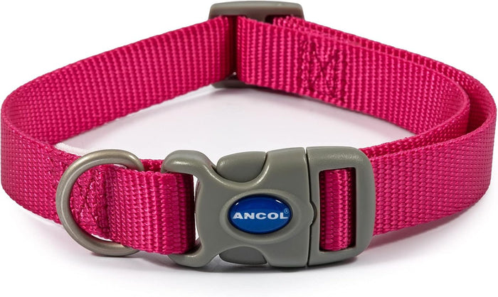 Ancol Viva adjustable dog collar in pink, poly-weave webbing with quick-release buckle and slider