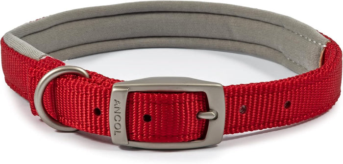 Ancol Viva padded dog collar in red, poly-weave webbing with soft padding and a fixed ID loop