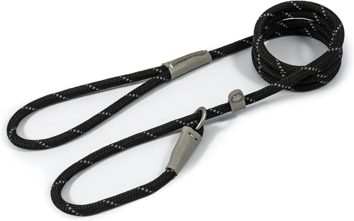 Ancol Viva reflective rope dog lead in black, 1.07m round rope with a satin trigger hook