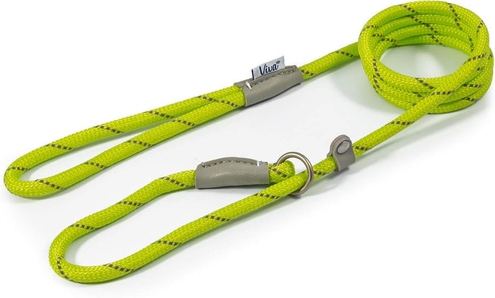 Ancol Viva reflective rope dog lead in lime, 1.07m x 12mm with reflective weave and leather-effect trim