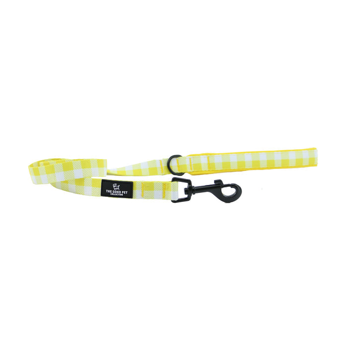 Ancol Soho yellow check dog lead, 100cm x 1.9cm recycled webbing in a bright picnic check print