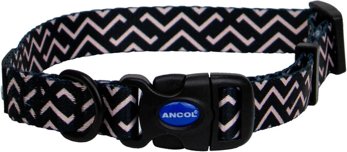 Ancol Soho zigzag dog collar, black recycled webbing with hand-drawn pale pink zigzags