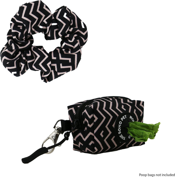 Ancol Soho zigzag poop bag dispenser and matching hair scrunchie in black recycled fabric