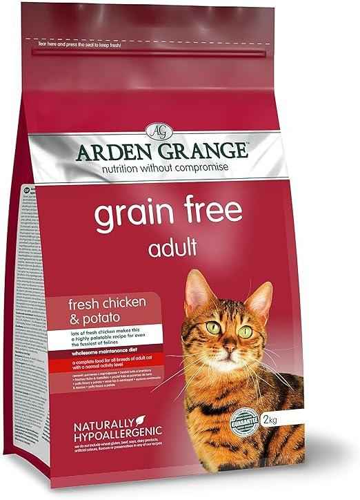 Arden Grange Adult Cat grain free fresh chicken and potato dry food, 2kg bag, front of pack