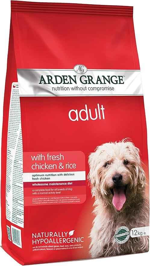 Arden Grange Adult with fresh chicken and rice dry dog food, 12kg bag, front of pack
