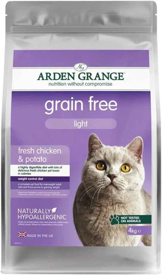 Arden Grange Light Cat grain free fresh chicken and potato dry food, 4kg bag, front of pack