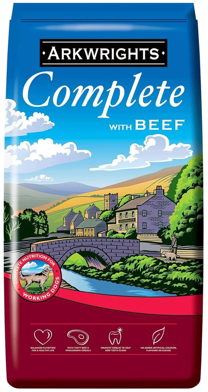 Arkwrights Complete Beef dry dog food, front of the 15kg sack