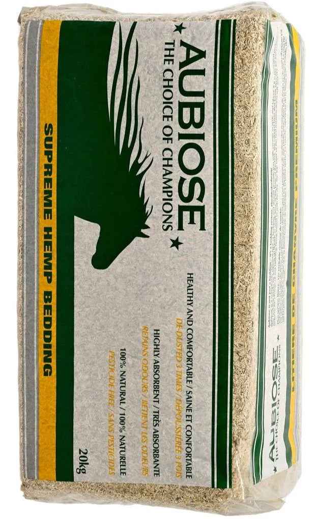Aubiose 100% natural hemp horse bedding in a wrapped 20kg bale