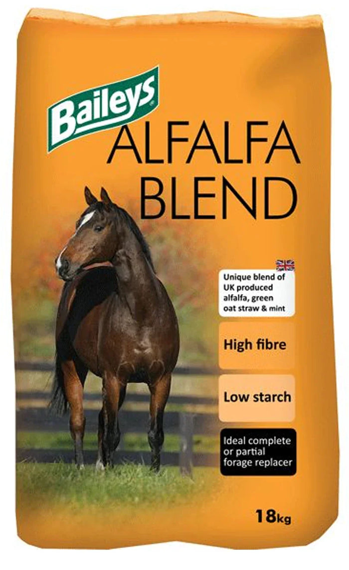 Baileys Alfalfa Blend 18kg bag, a mint-dusted chaff of alfalfa and green oat straw
