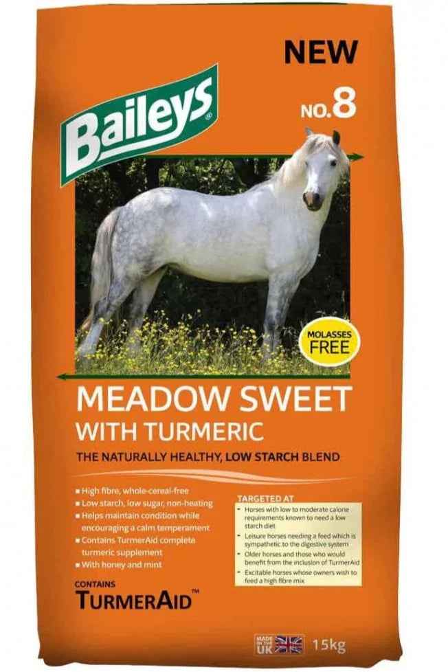 Baileys No.8 Meadow Sweet with Turmeric 20kg bag of low starch high fibre horse feed