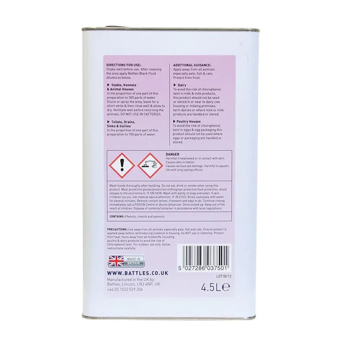Further view of the 4.5 litre Battles black disinfectant fluid container