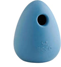Beco Boredom Buster natural rubber treat dispensing dog toy in blue, showing the opening