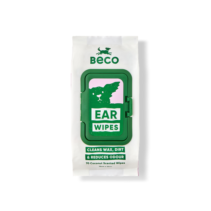 Beco coconut-scented pet ear wipes in a 70-wipe tub with a hinged lid