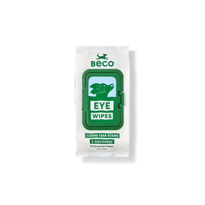 Beco unscented pet eye wipes in a 70-wipe tub, sized for use around the eye