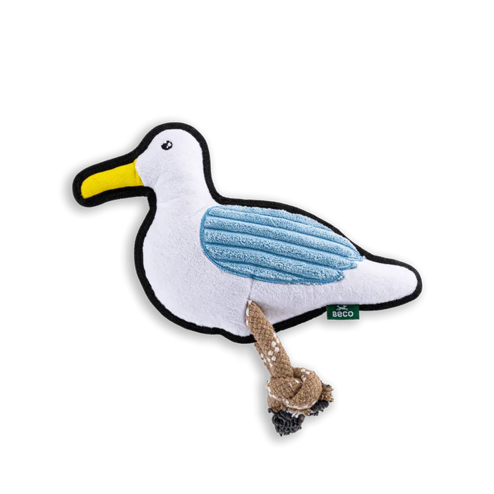 Beco Rough and Tough recycled plush seagull dog toy with long dangling legs