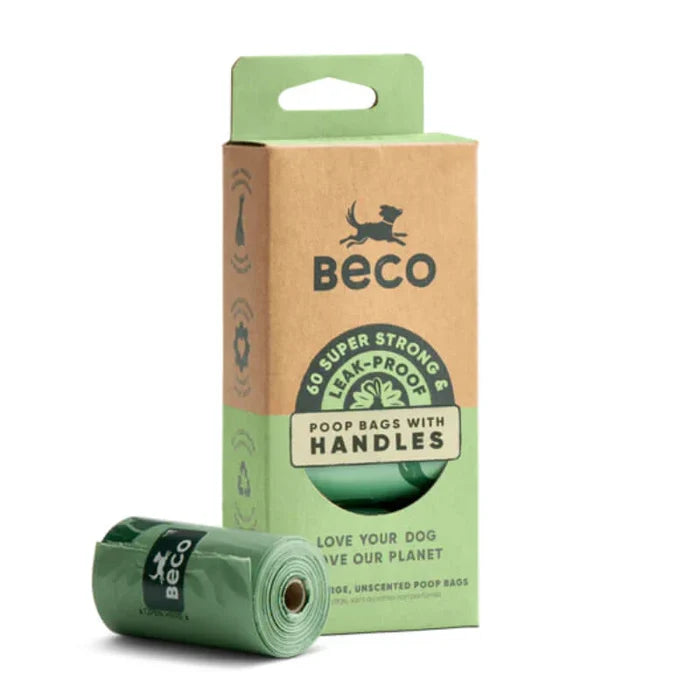 Beco scented dog poop bags with handles, pack of 60 on four rolls