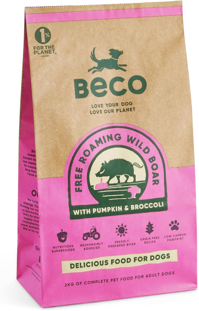Beco Wild Boar grain-free dry dog food bag, front of pack showing the boar recipe