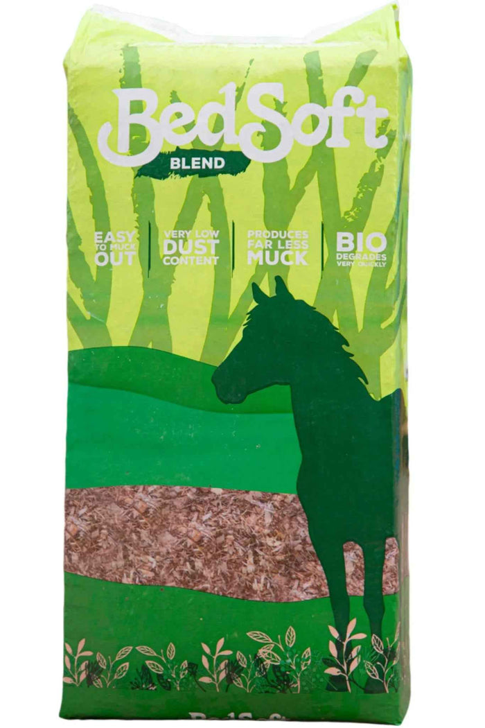 Bedsoft Blend 16kg bale of chopped straw and shavings bedding in green and white printed packaging