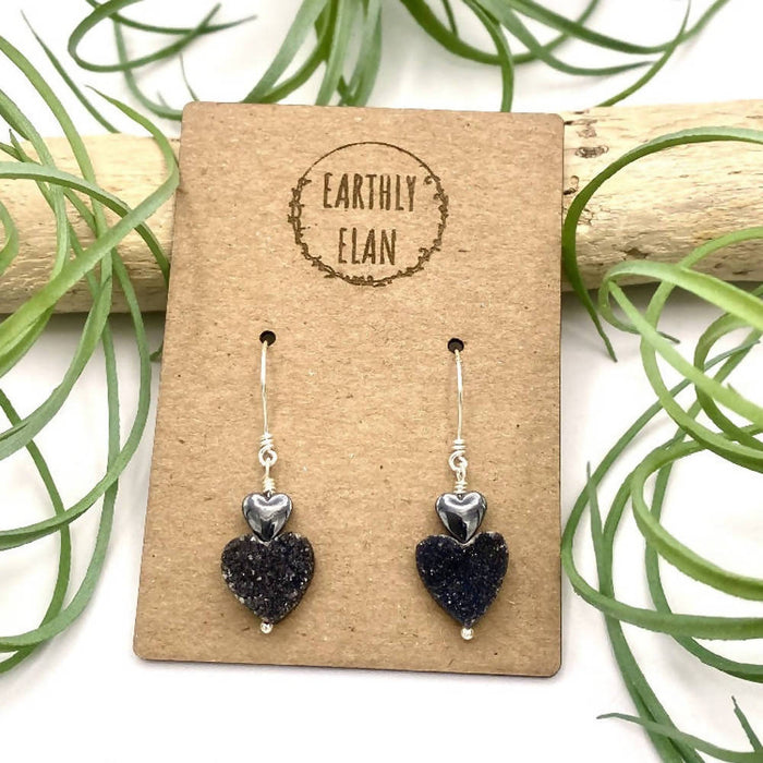 Black Druzy Heart Earrings