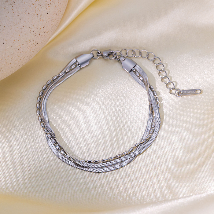 Brazalete Doble Cadena Serpiente Plateada & Ball Chain