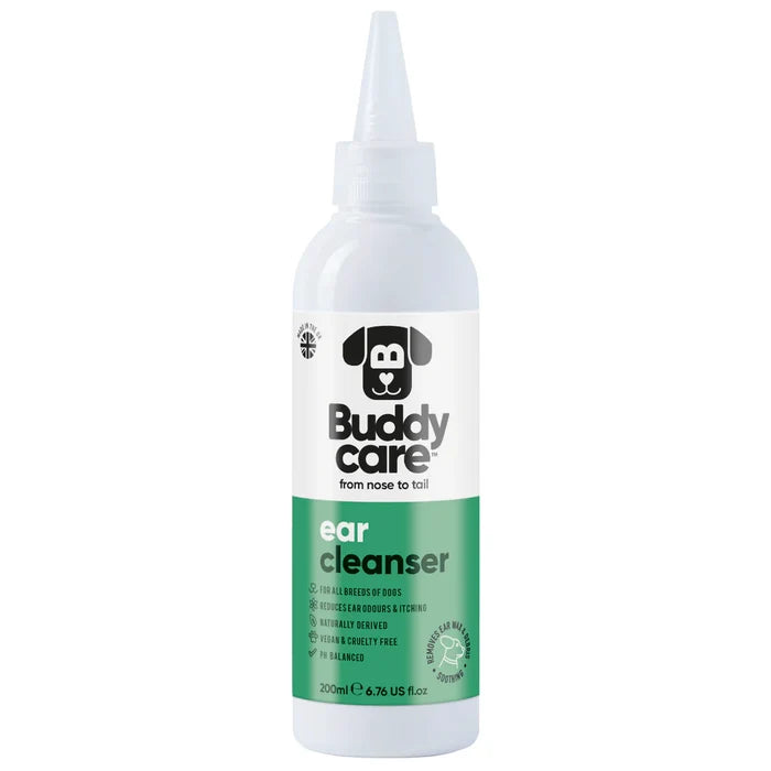Buddycare antibacterial ear drops for pets, 200ml bottle, front of pack