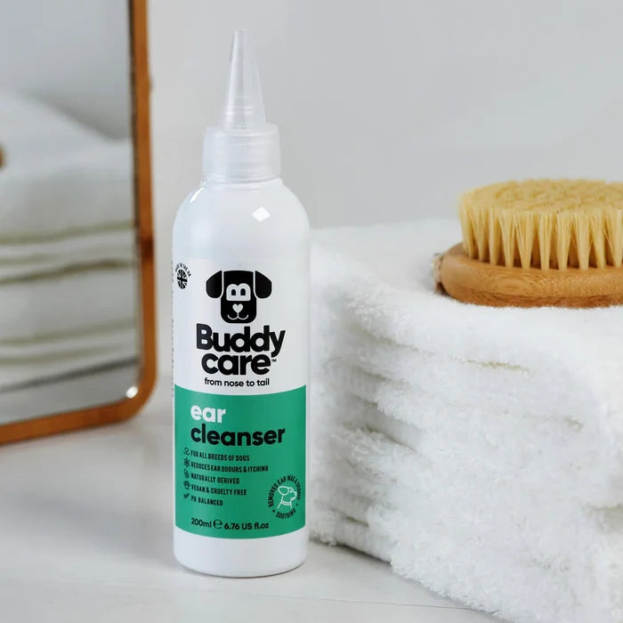 Buddycare pet ear care bottle photographed from a second angle