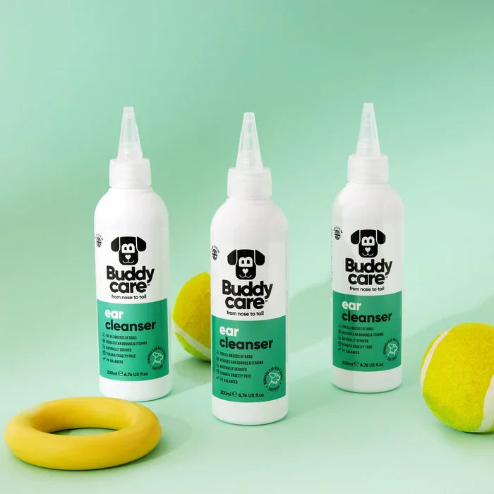 Close view of the Buddycare pet ear care bottle label and back-of-pack text
