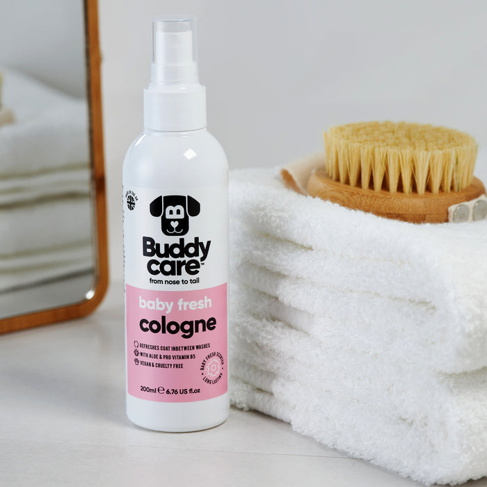 Buddycare Baby Fresh dog cologne bottle shown from a second angle with the pump nozzle visible