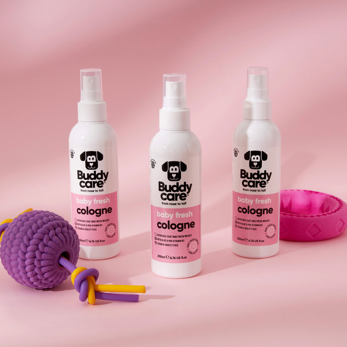 Close view of the Buddycare Baby Fresh dog cologne label and ingredient panel