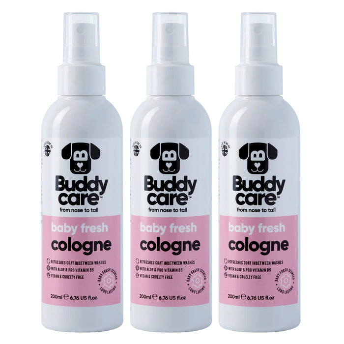 Buddycare Baby Fresh dog cologne 200ml bottle photographed in a grooming setting