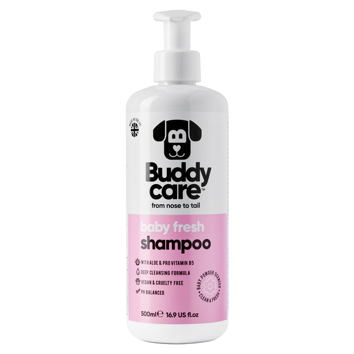 Buddycare Baby Fresh dog shampoo 500ml bottle, front of pack with pale blue label