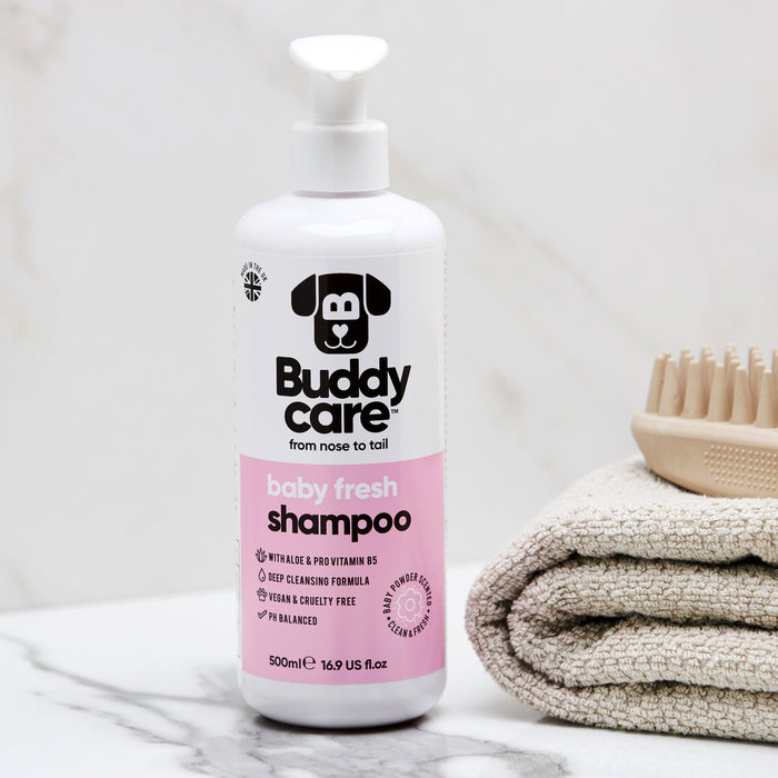 Close view of the Buddycare Baby Fresh dog shampoo label and ingredient panel