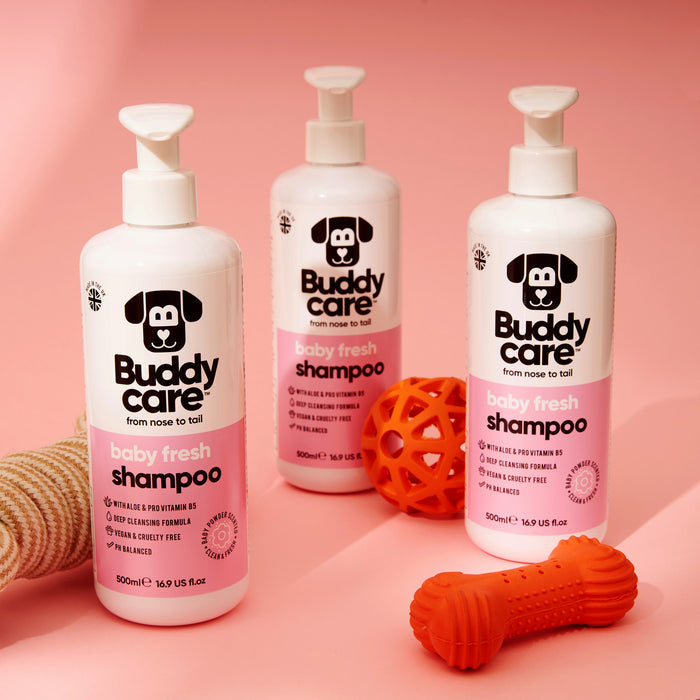 Buddycare Baby Fresh dog shampoo bottle shown in a grooming setting