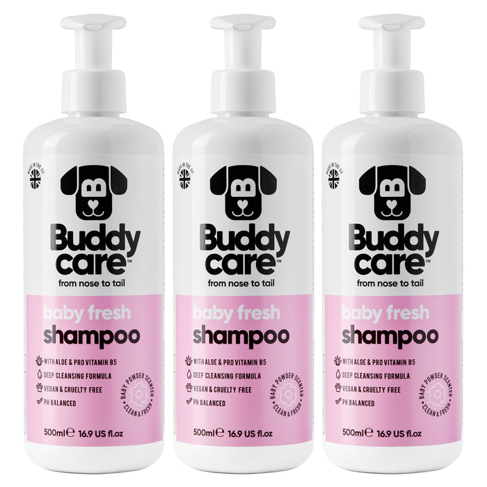 Three Buddycare Baby Fresh dog shampoo 500ml bottles grouped together