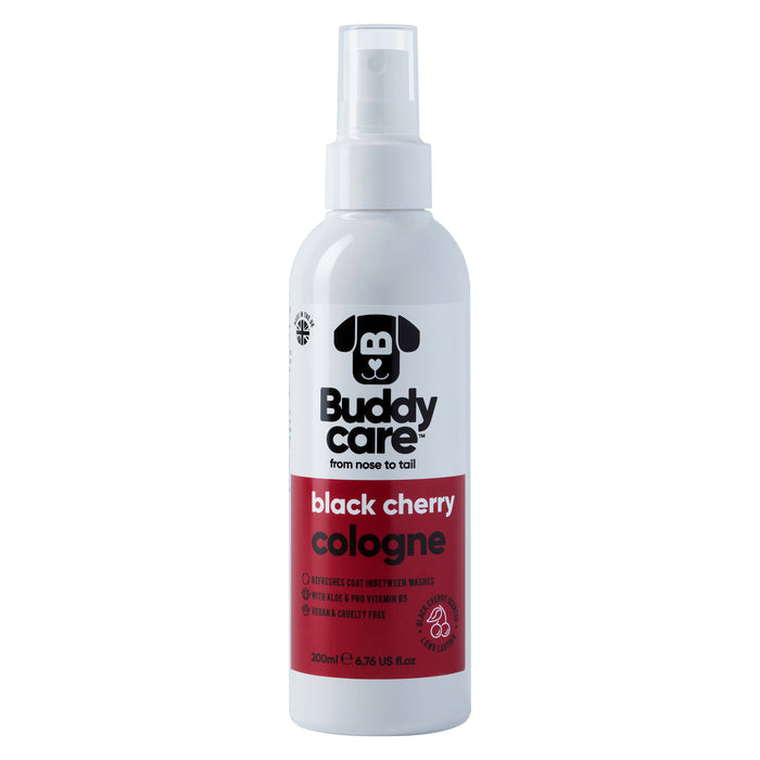 Buddycare Black Cherry dog cologne 200ml spray bottle, front of pack with a dark red label