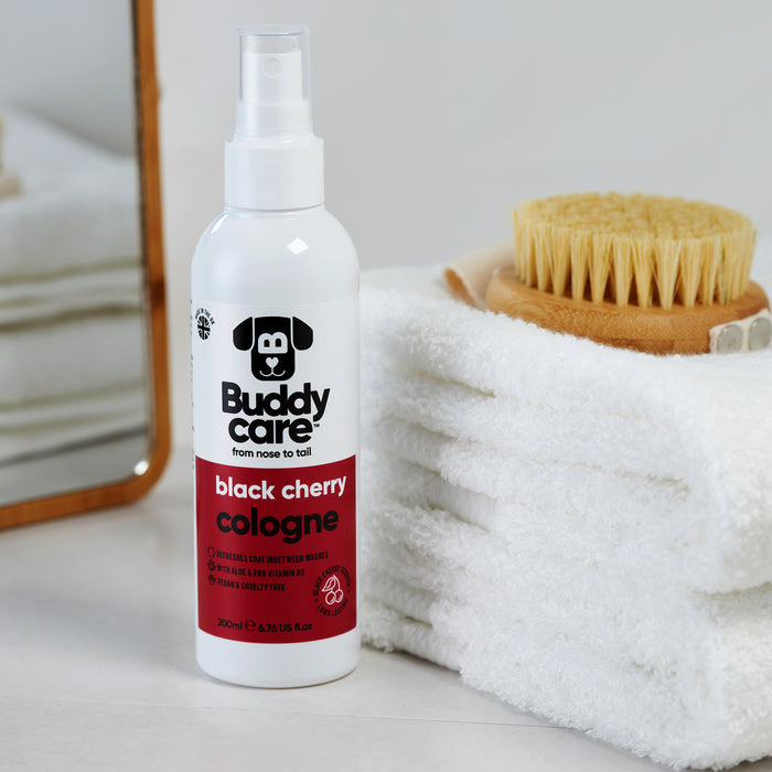 Buddycare Black Cherry dog cologne bottle shown from a second angle