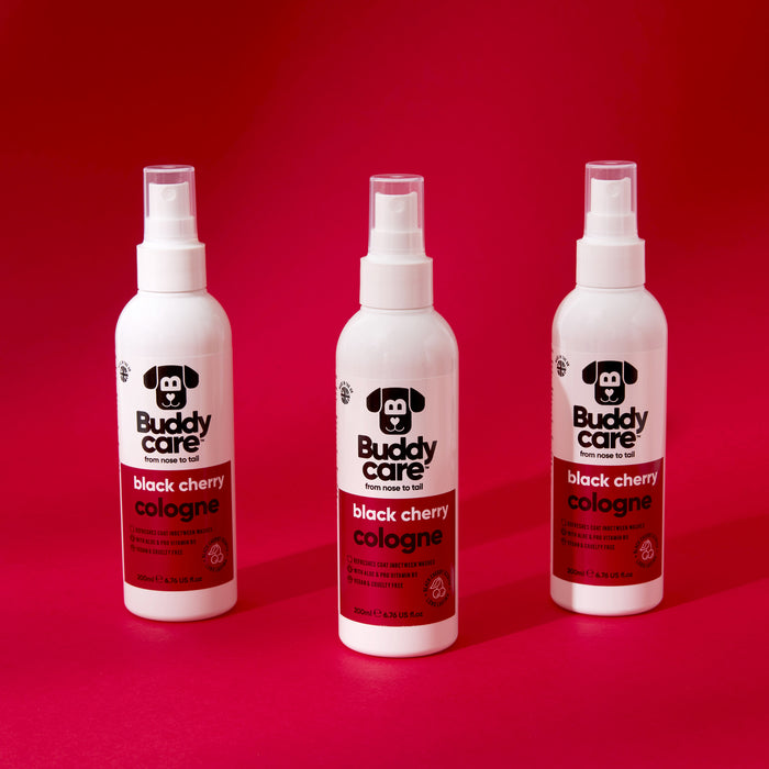 Buddycare Black Cherry dog cologne photographed with the pump nozzle in view