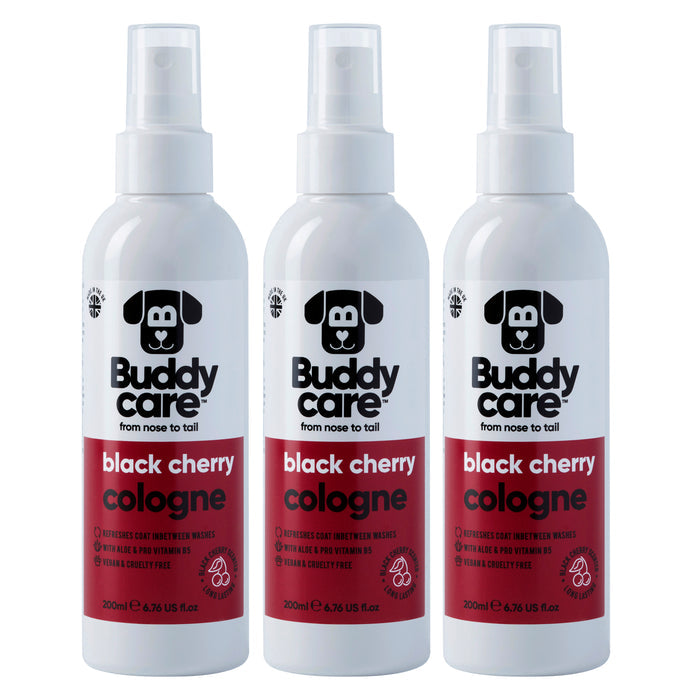 Close view of the Buddycare Black Cherry dog cologne label and back-of-pack text