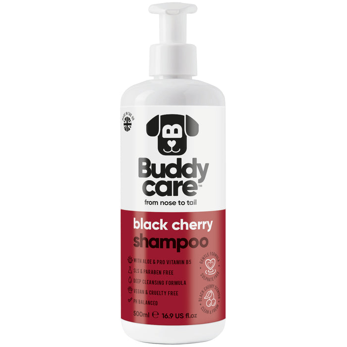 Buddycare Black Cherry dog shampoo 500ml, straight-on pack shot showing the deep red label