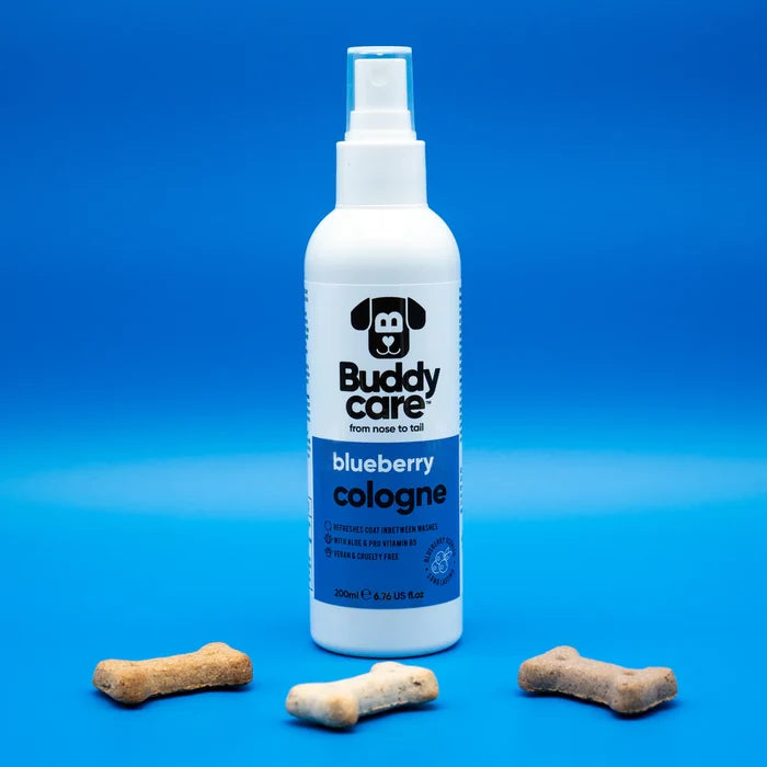 Buddycare Blueberry dog cologne photographed from a second angle in a styled setting