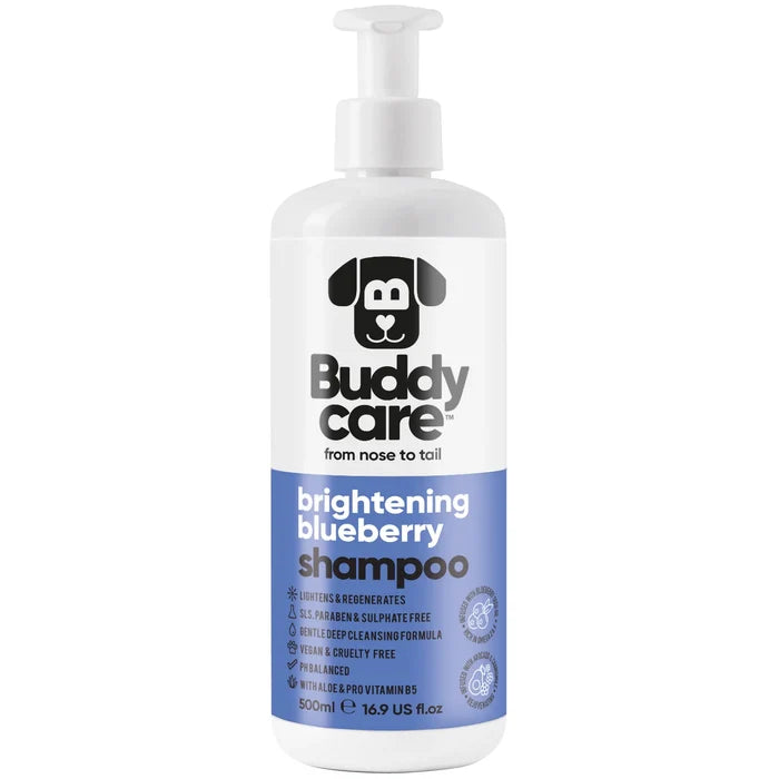 Buddycare Blueberry dog shampoo 500ml bottle, front of pack with a blue label
