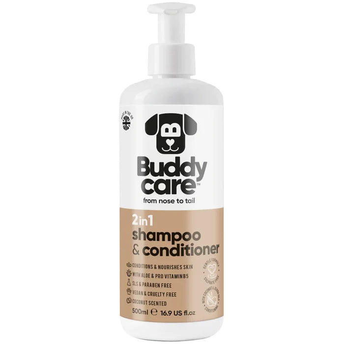 Buddycare Coconut 2-in-1 dog shampoo and conditioner 500ml bottle, front of pack