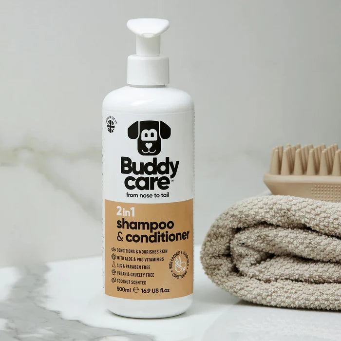 Buddycare Coconut 2-in-1 dog shampoo and conditioner shown in use at bath time