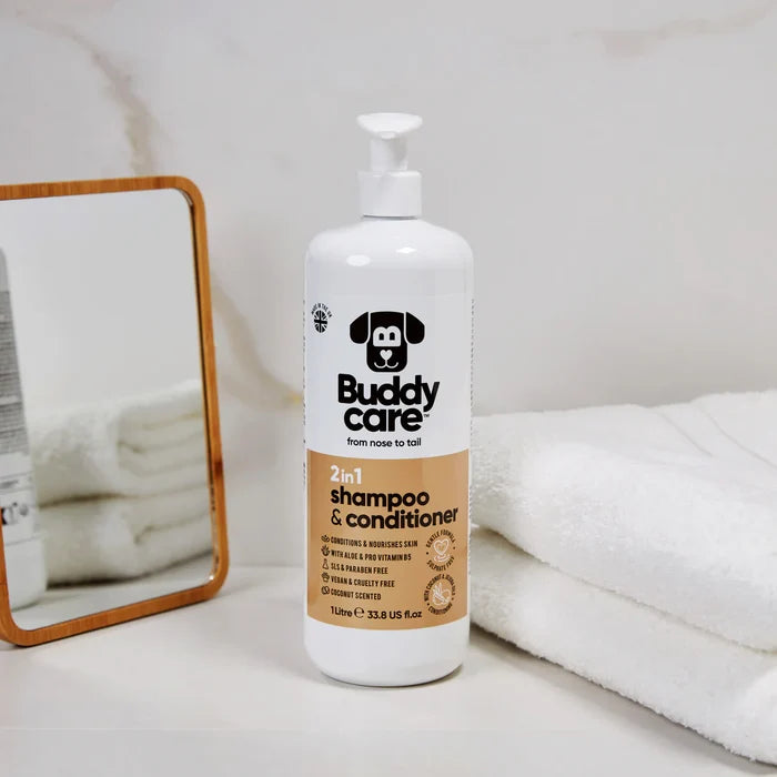 Buddycare Coconut 2-in-1 dog shampoo and conditioner bottle photographed from a second angle
