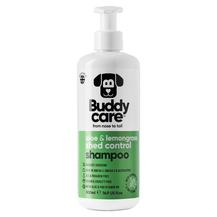 Buddycare Shed Control aloe and lemongrass dog shampoo 500ml bottle, front of pack