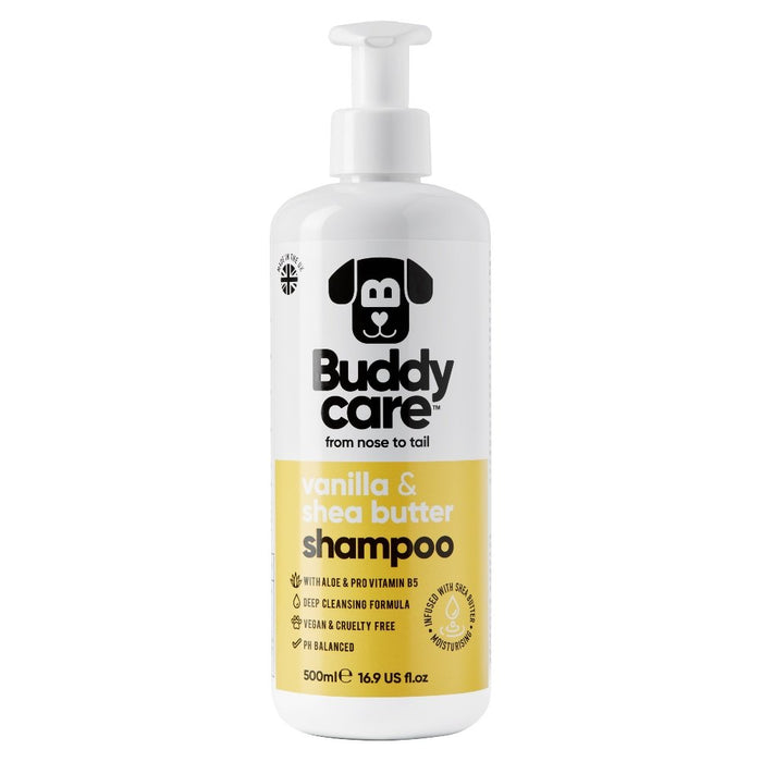 Buddycare Vanilla and Shea Butter dog shampoo 500ml bottle, front of pack