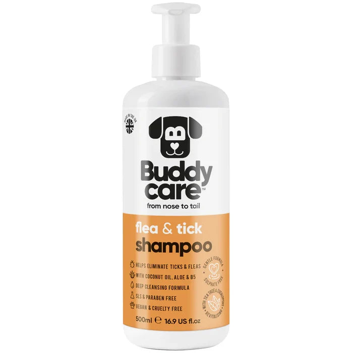 Buddycare Flea and Tick dog shampoo 500ml bottle, front of pack